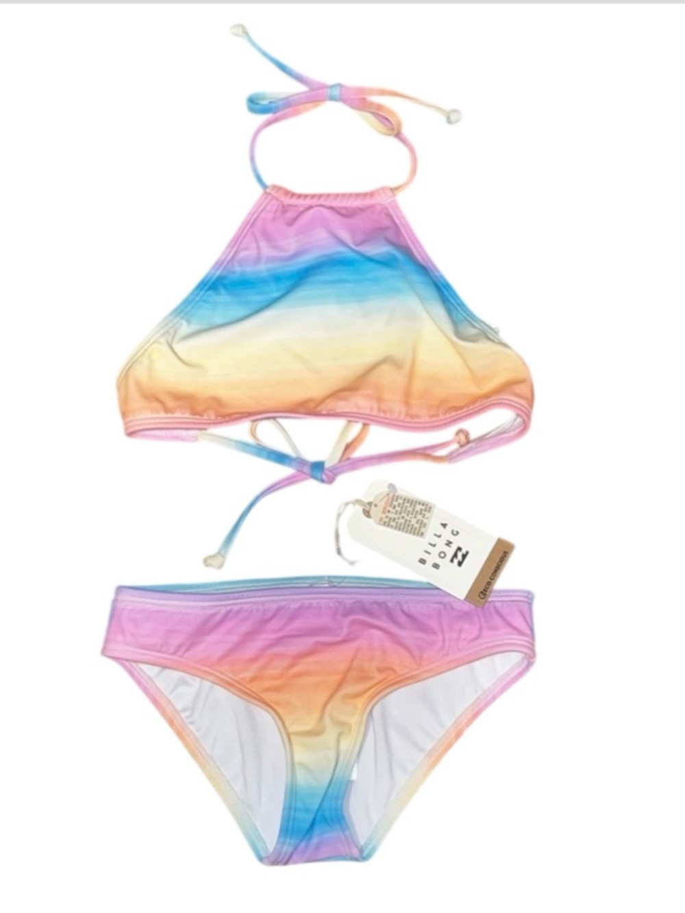 Billabong Vista Dreamin High Neck Halter Bikini Pink Orange Blue Girls 8 NWT
